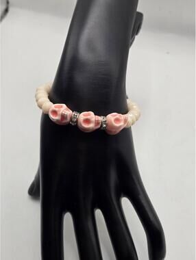 Kawaii Cute Pink Ceramic Skull Bracelet Peach Crystal Rondelle Beaded Stretch